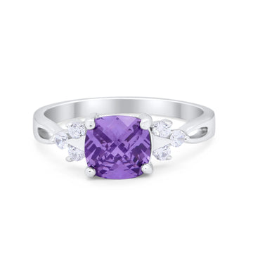 Cushion Wedding Ring Round Simulated Amethyst Cubic Zirconia 925 Sterling Silver
